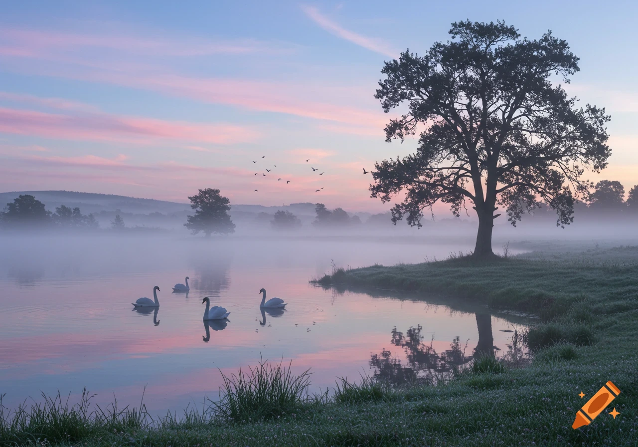 Misty lake with swans at sunrise, a large silhouetted tree on the right, and pink and blue skies.
