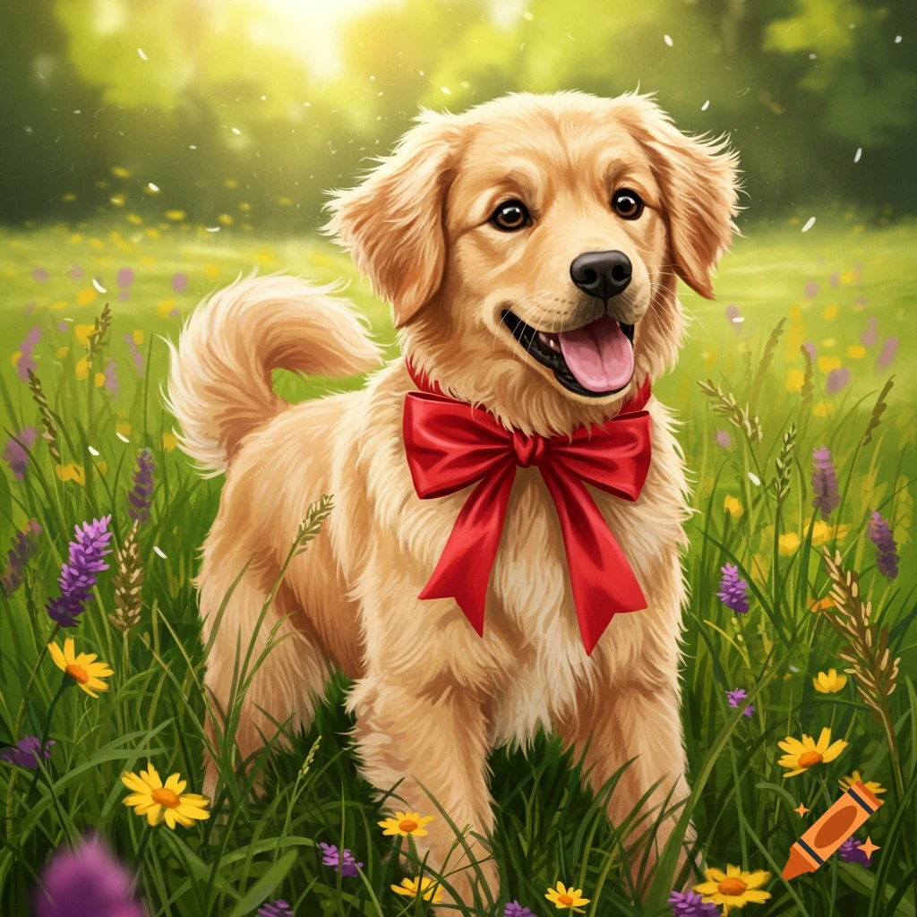 A golden retriever dog with a red bow stands happily in a field of green grass and wildflowers.