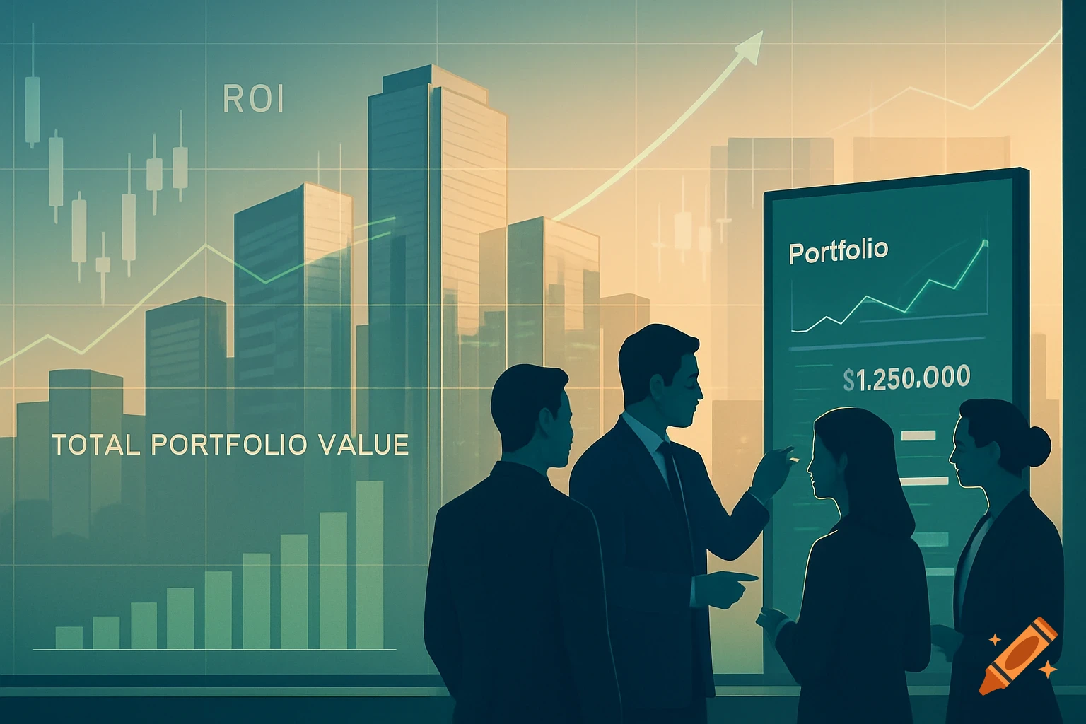 Silhouetted business people discuss financial data in front of a city skyline with overlaid charts and graphs.