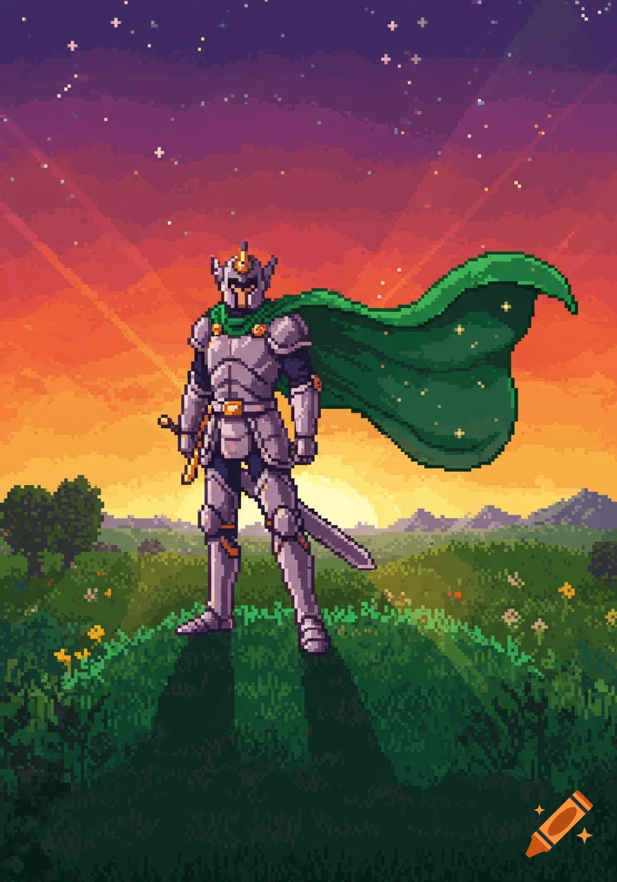 Pixel art of a knight in silver armor with a green cape, standing on a grassy hill at sunset with a starry sky.