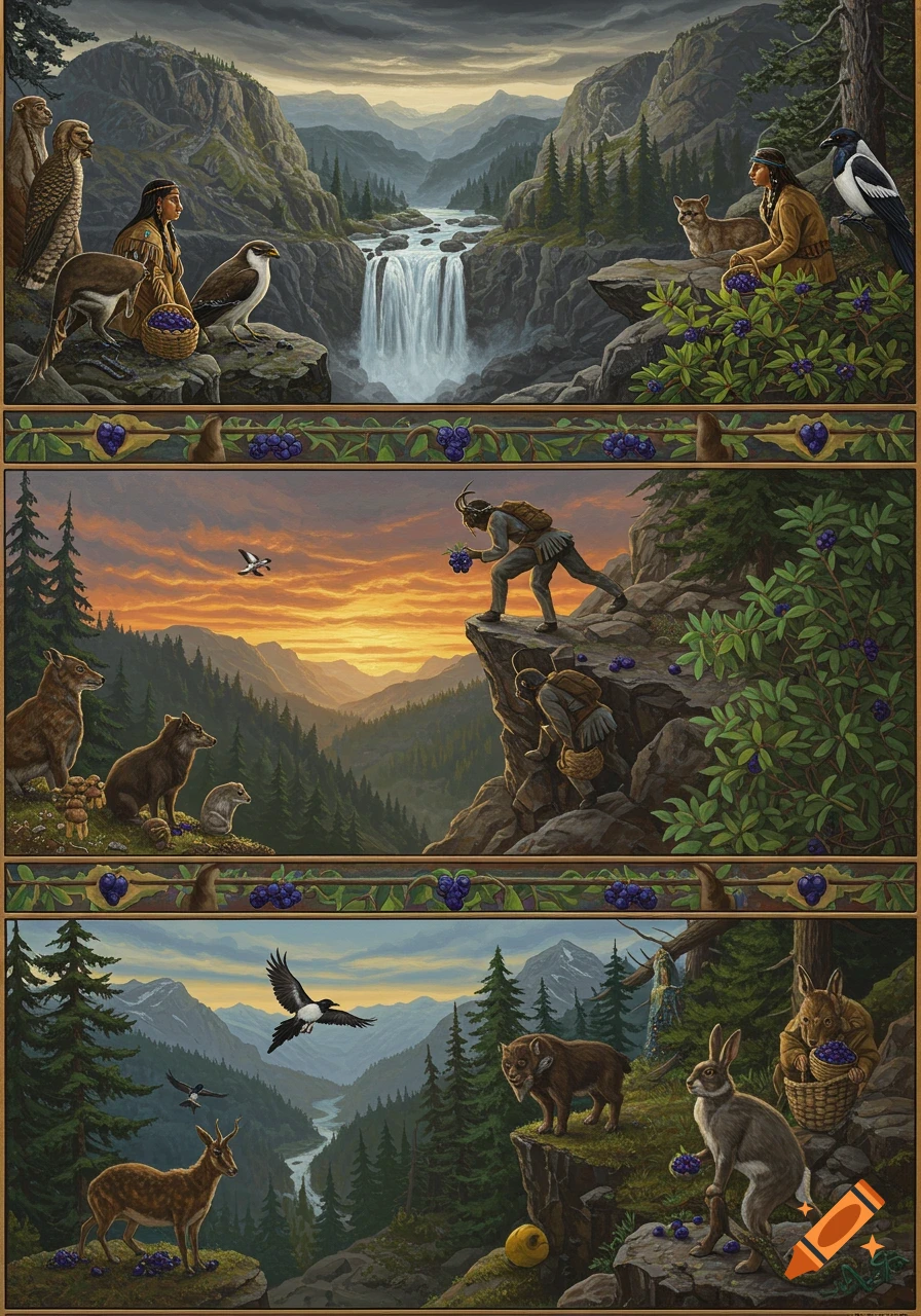A multi-panel painting depicting a mythical journey. The top panel shows human and animal figures at a waterfall. The middle panel features goat-like figures climbing a mountain at sunset. The bottom panel displays various animals in a forest landscape.