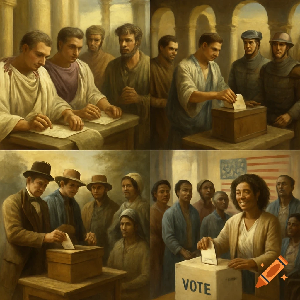 A four-panel painting showing the evolution of voting: Roman citizens, early American men, and diverse modern Americans casting ballots.