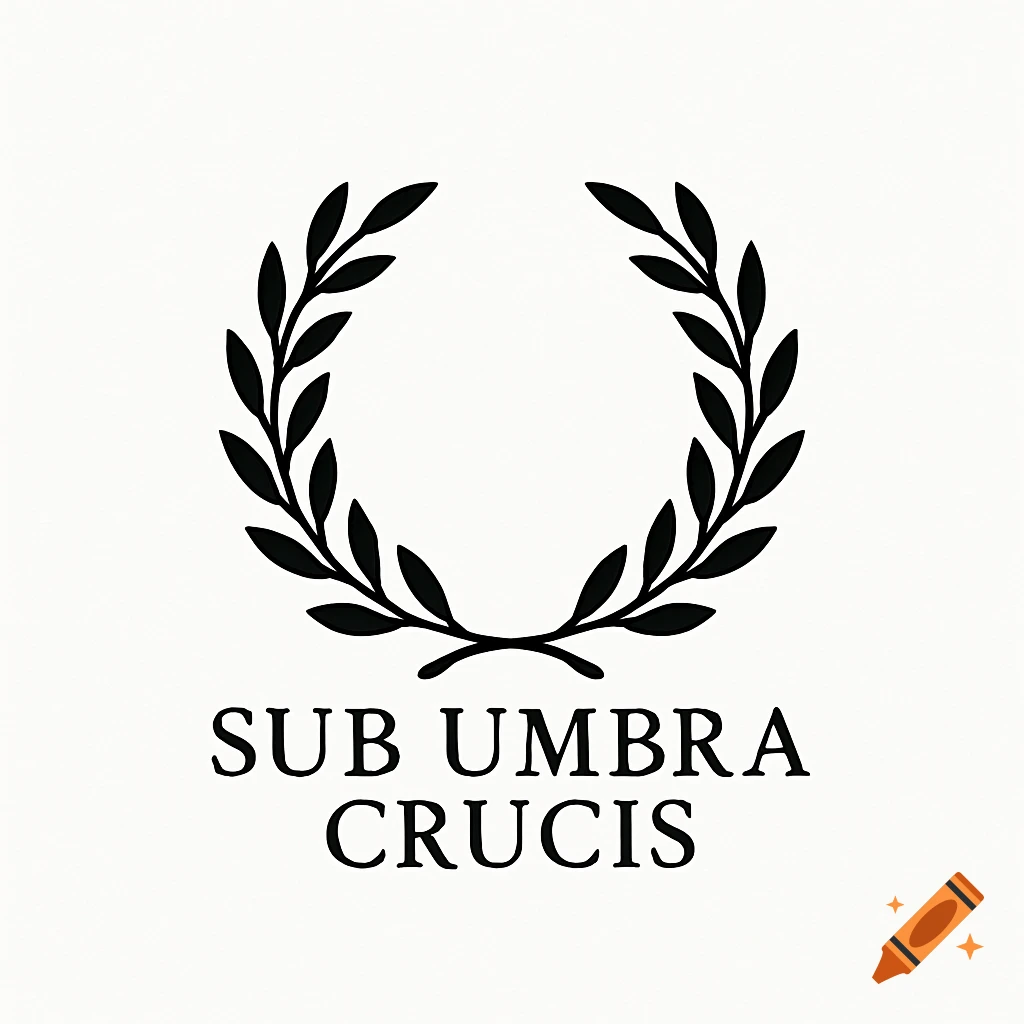 A black laurel wreath with the Latin phrase "SUB UMBRA CRUCIS" below it, centered on a white background.