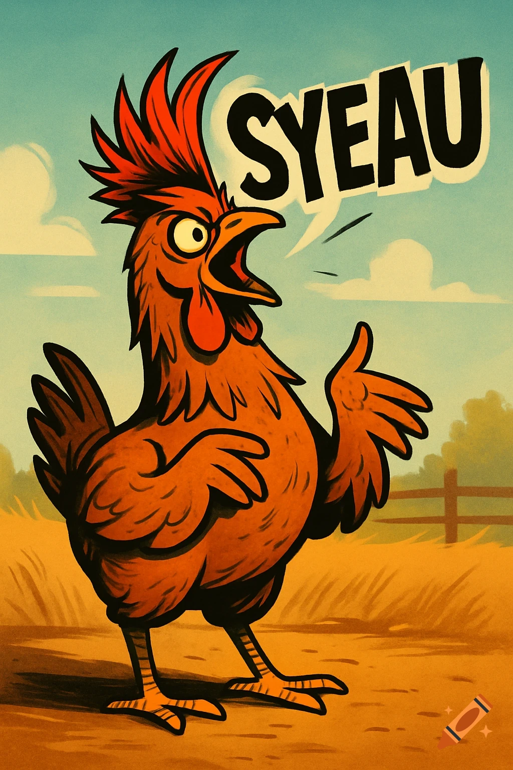 A cartoon chicken with spiky red hair and hands, shouting "SYEAU" from a speech bubble in a field.