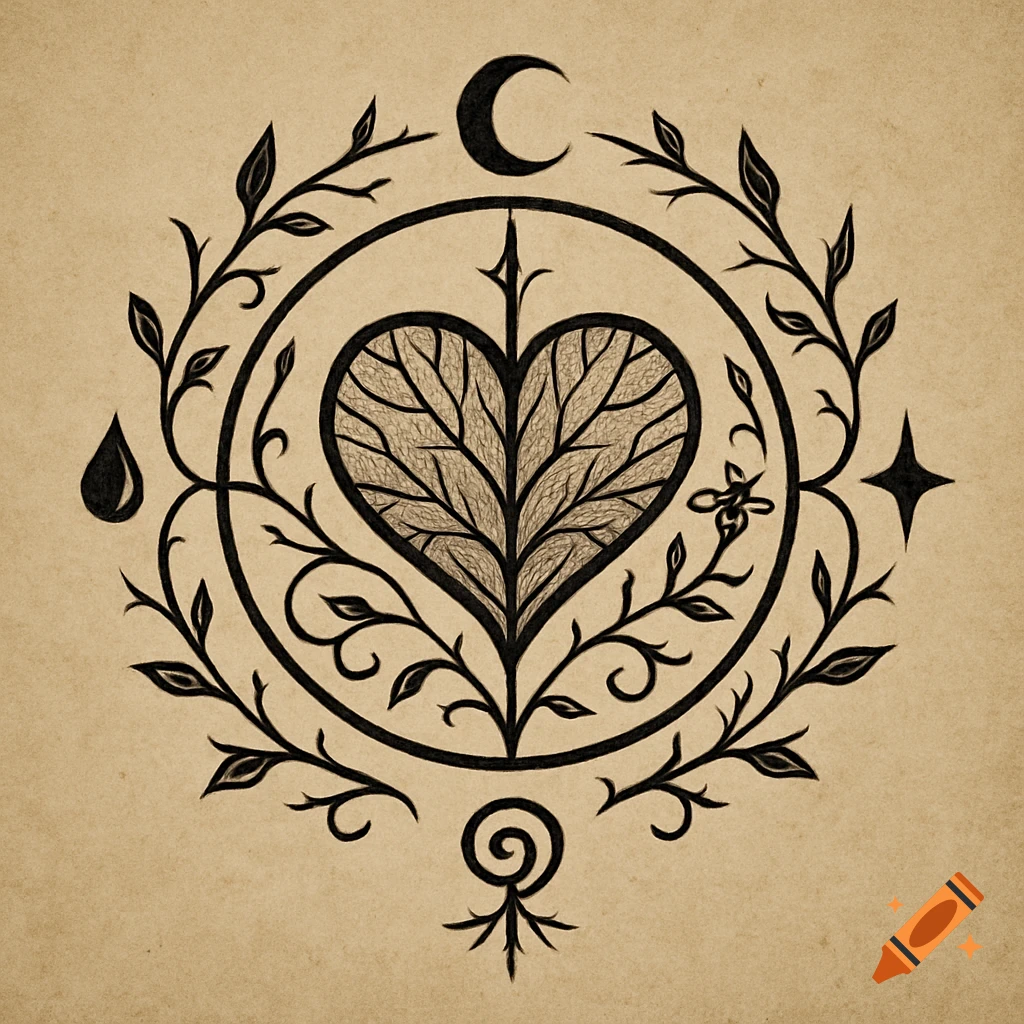 A dark line art sigil on a tan parchment background featuring a heart-leaf central shape, surrounded by a circle with a moon, water drop, star, and spiral. Vines with thorns intertwine, and a small bee is hidden.