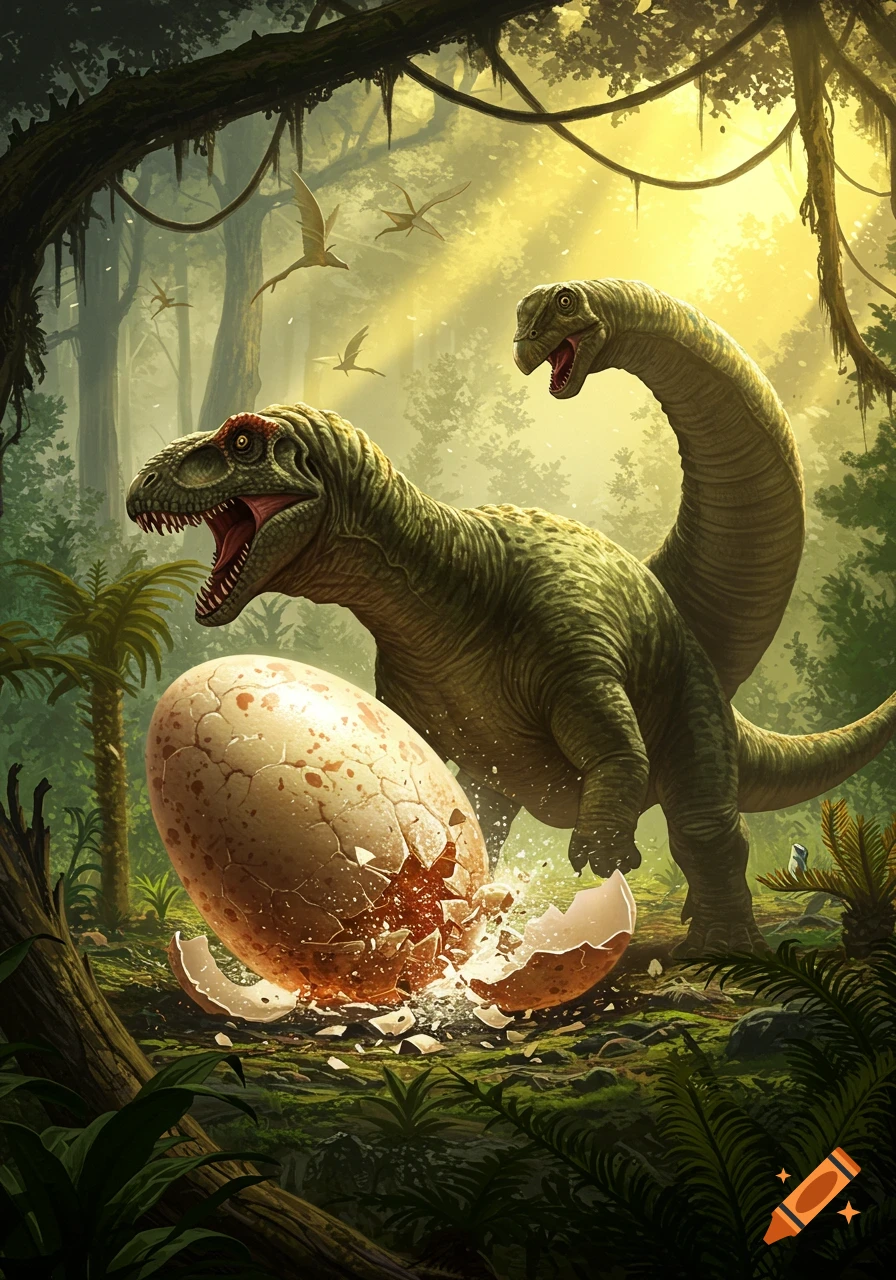 A T-Rex and a long-necked dinosaur watch a large egg crack open in a sunlit prehistoric jungle.