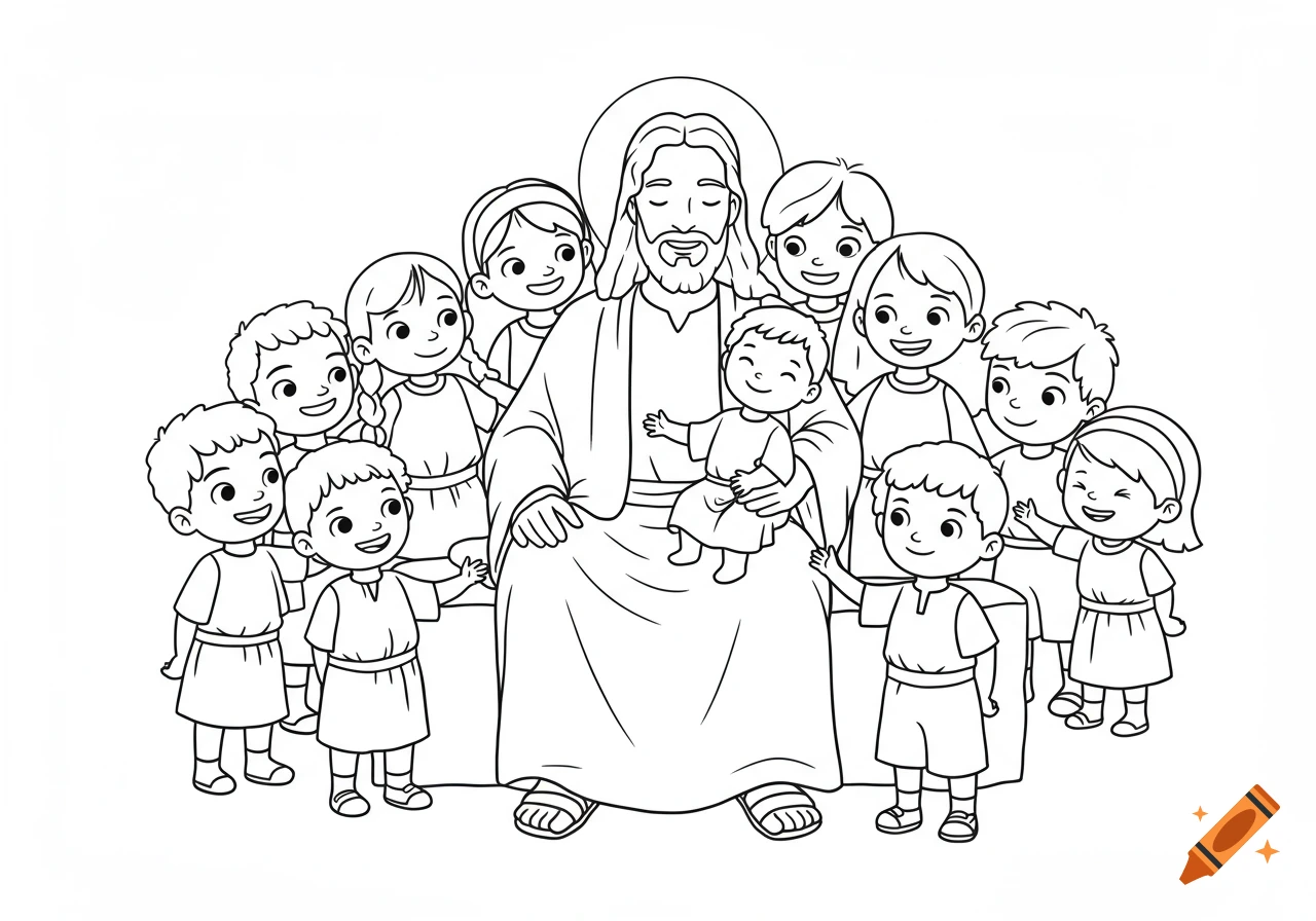 Black and white line drawing of Jesus sitting with smiling children in a coloring book style.
