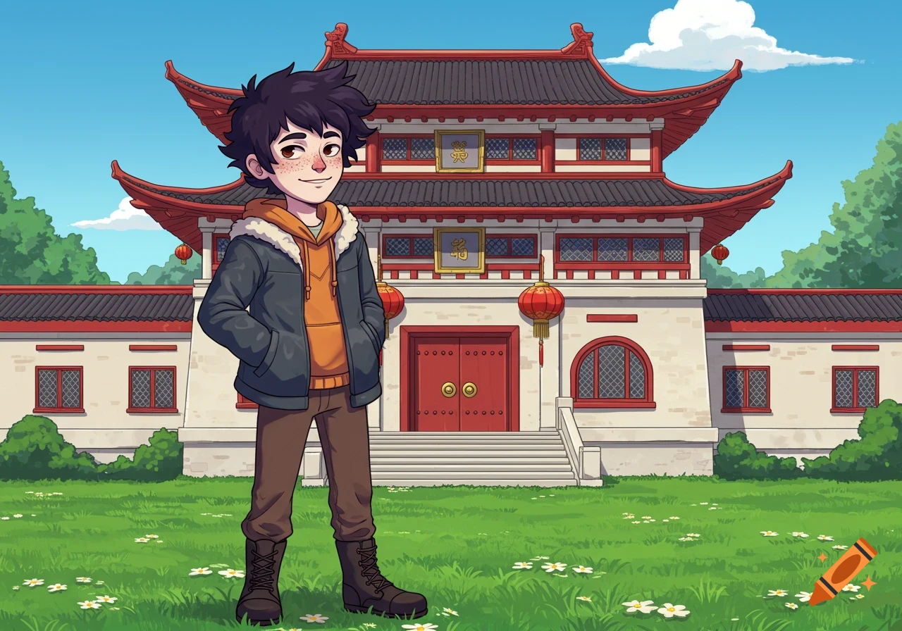 A cartoon boy with dark hair and freckles stands on a grassy lawn in front of a red and white East Asian temple.