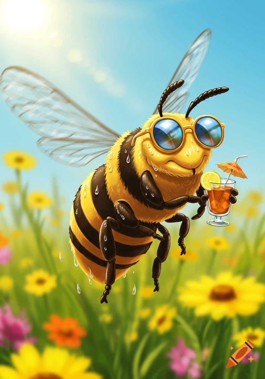 A cheerful, sweaty cartoon bee wearing blue sunglasses flies through a sunny flower field, holding a glass of iced tea.