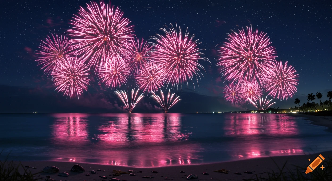 Pink fireworks explode over a dark ocean with reflections on a sandy beach at night.