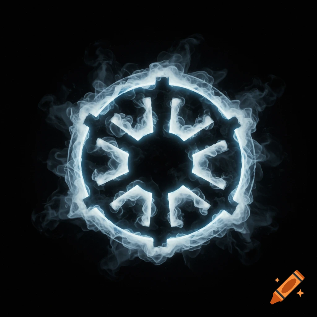 A glowing white Star Wars Imperial symbol encircled by blue-tinted smoke on a black background.