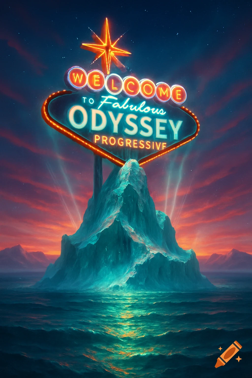 A vibrant neon sign reading 'Welcome to Fabulous Odyssey Progressive' emerges from an icy mountain in a glowing ocean at sunset.