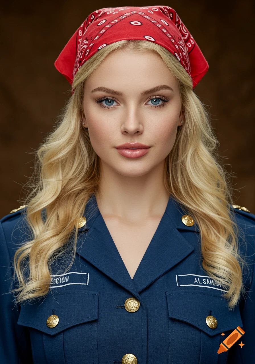 Photorealistic portrait of a blonde woman with blue eyes wearing a red bandana and a blue military-style uniform.