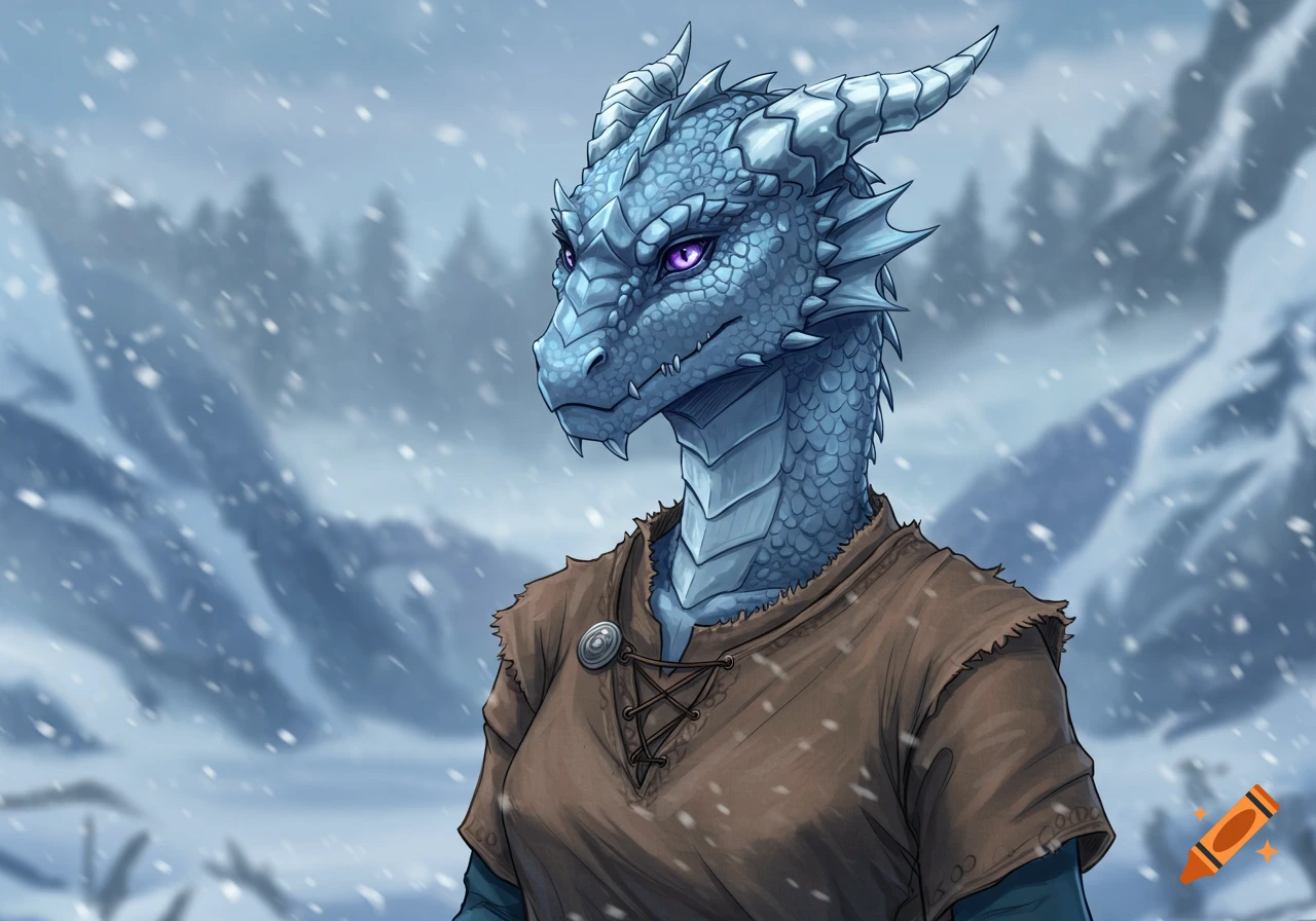 An anime-style female Dragonborn with blue scales and purple eyes wears simple Viking-like clothing in a snowy mountain landscape.