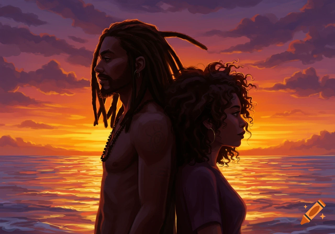 Digital painting of a man with dreadlocks and a woman with curly hair standing back-to-back against a vibrant sunset over the ocean.