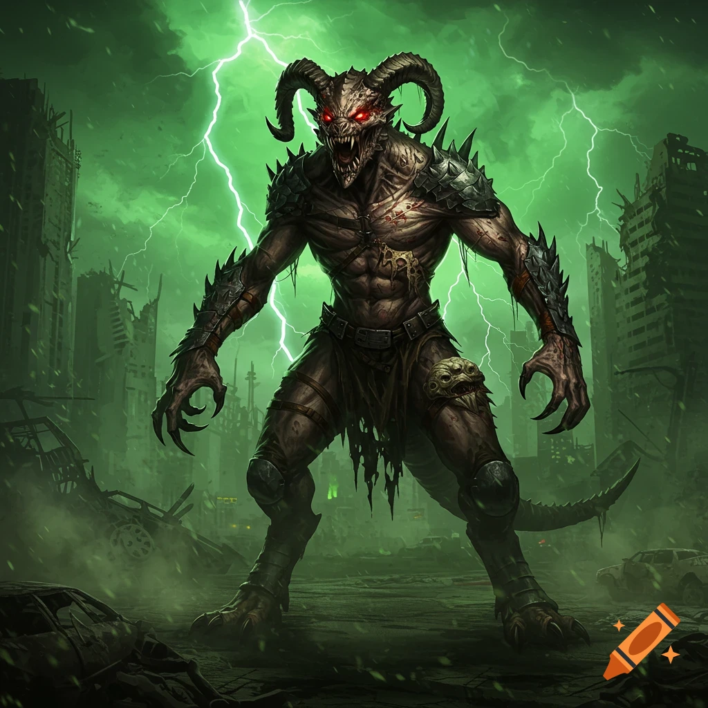 A horned, spiky demon-like monster with glowing red eyes stands in a ruined city under a green lightning storm.