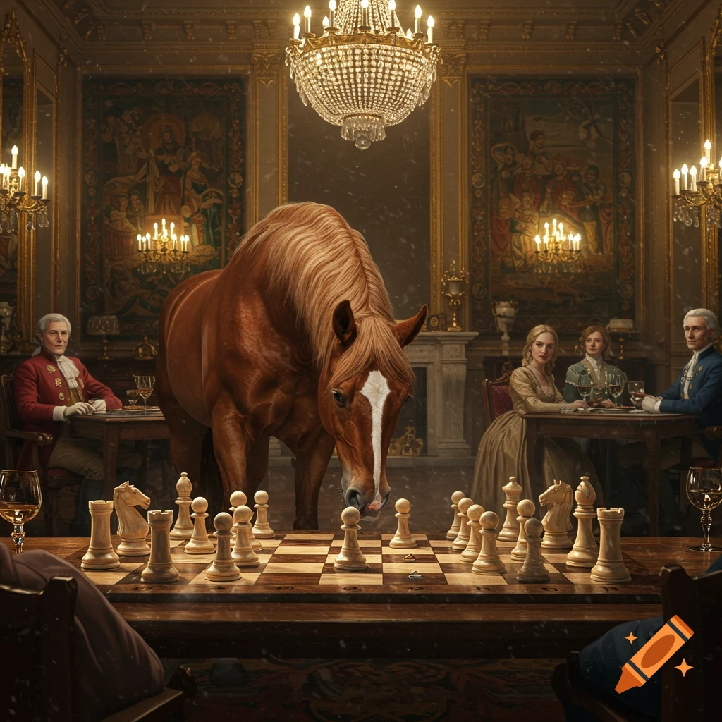 A large brown horse stands over a chess board, seemingly playing a game with people in 18th-century attire in a grand, chandelier-lit room.