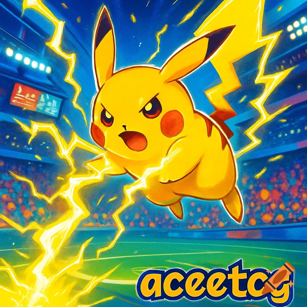 Pikachu in a stadium, surrounded by yellow lightning, ready to attack. The text 'aceetcg' is at the bottom.