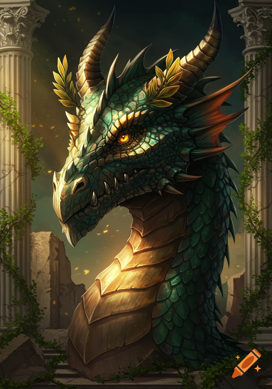 A majestic green and gold dragon with a laurel wreath on its head, set against ancient ruins.