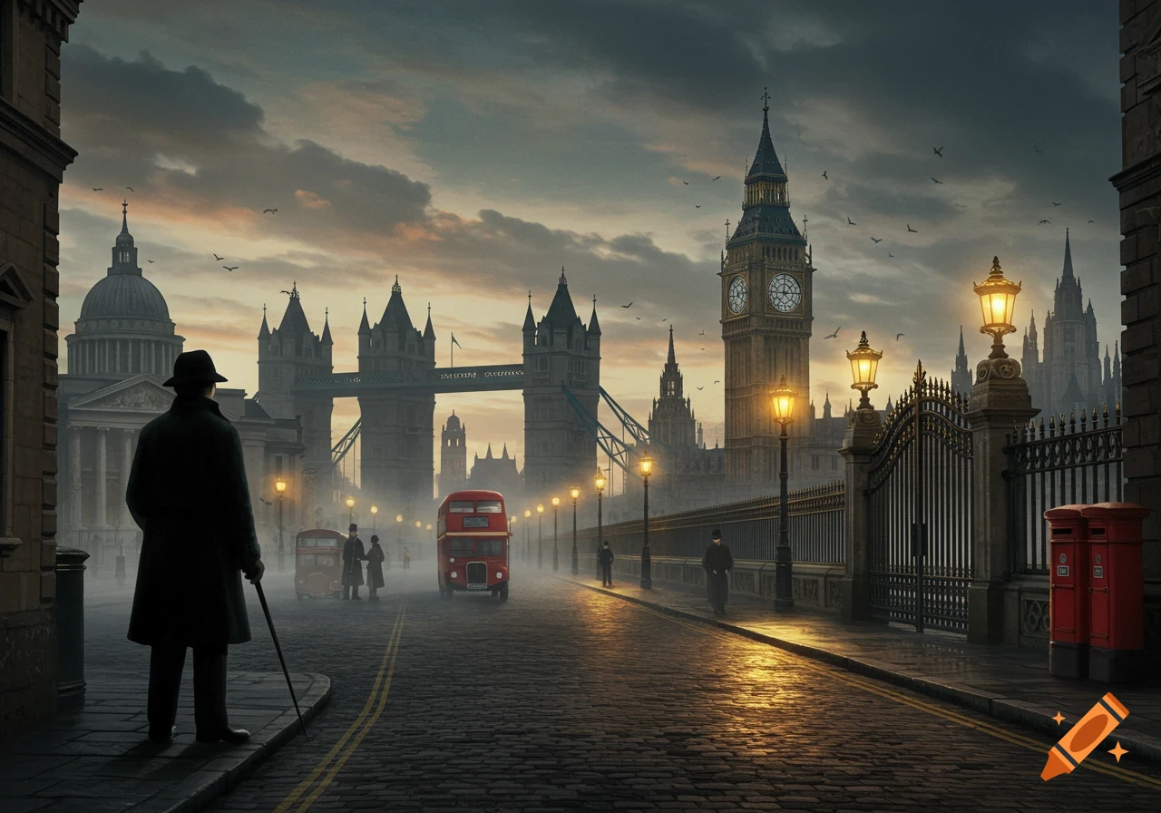 A man stands on a foggy London street with Big Ben and Tower Bridge visible in the distance at dusk.