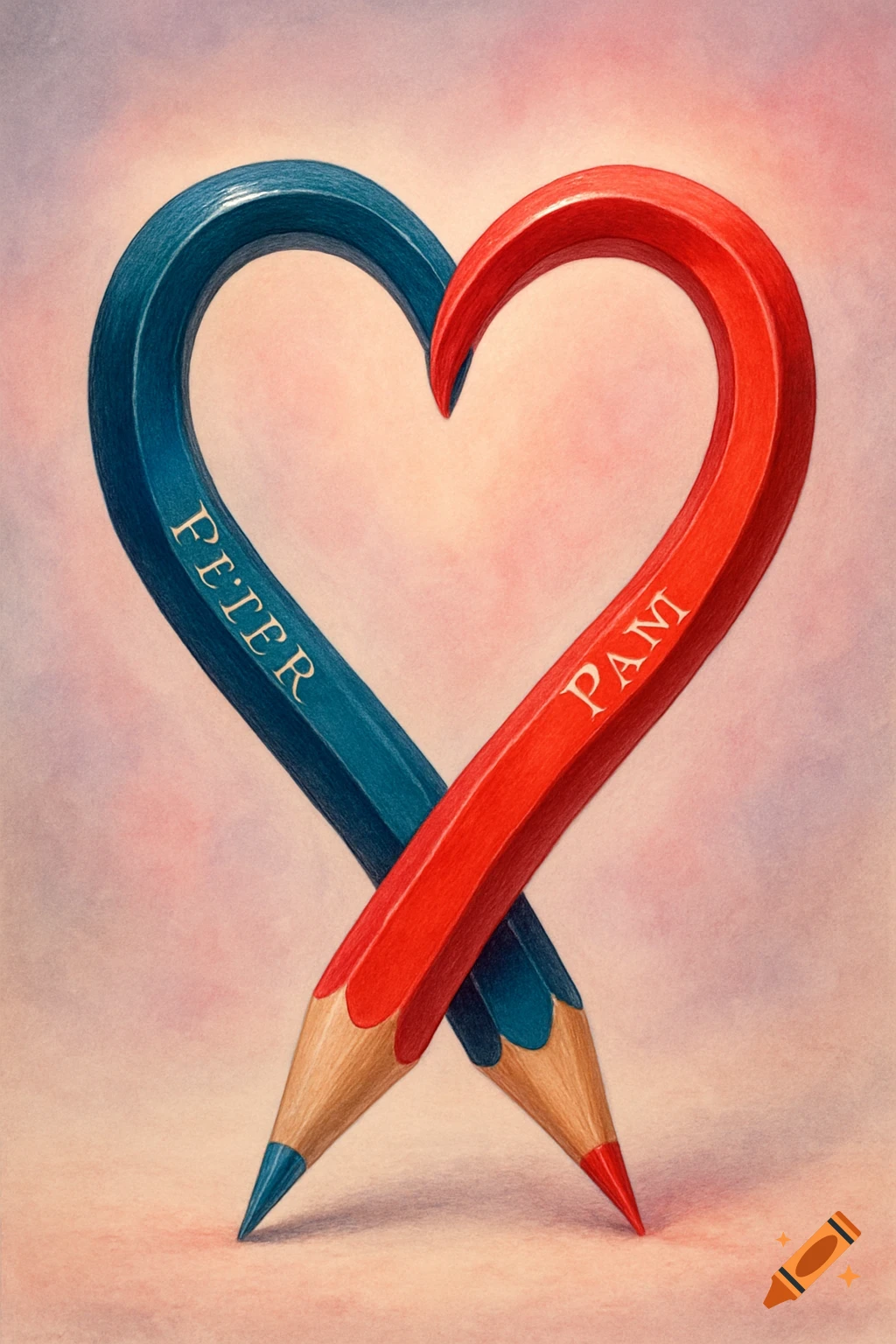 A blue pencil labeled 'PETER' and a red pencil labeled 'PAM' curve and cross to form a heart shape.