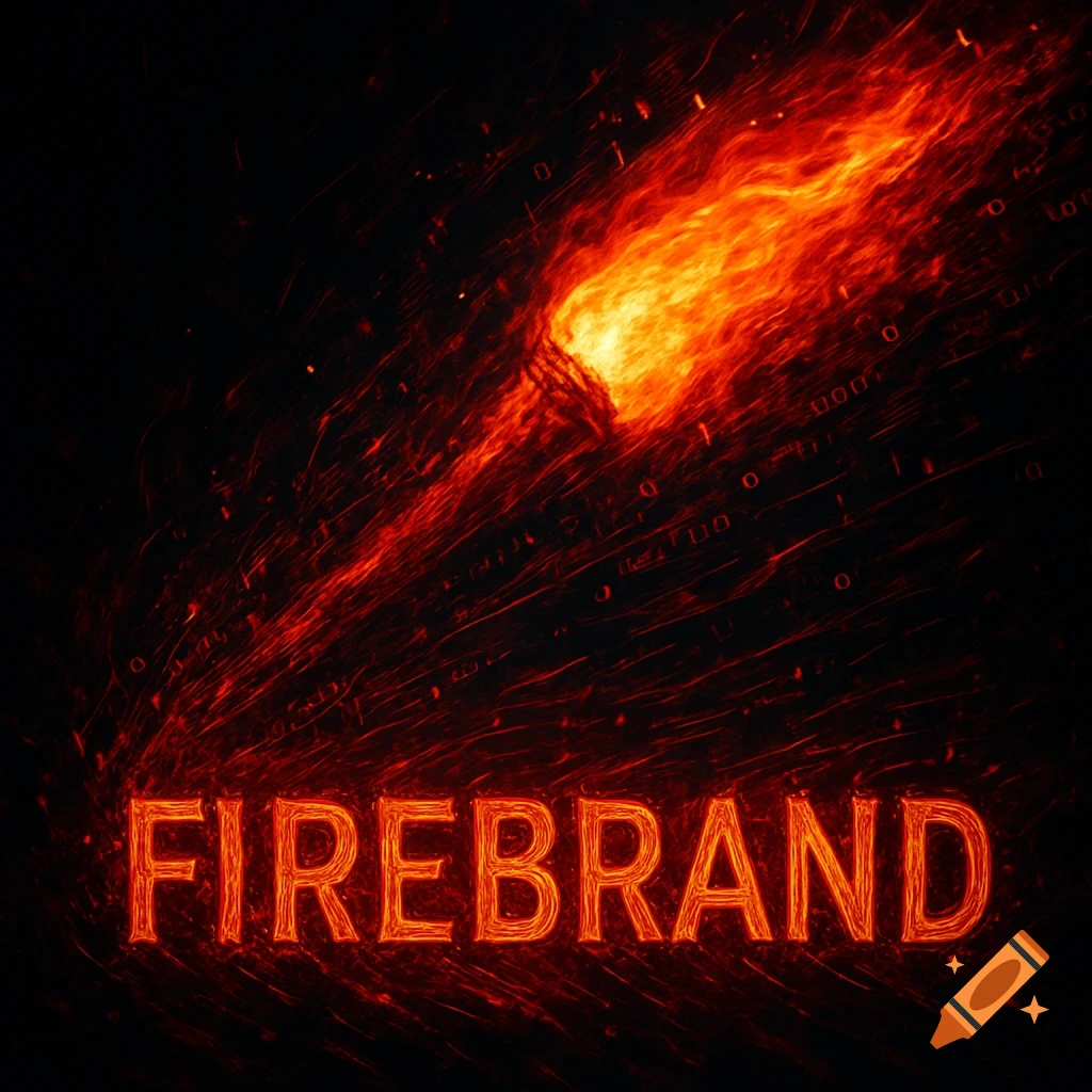 A glowing, fiery torch-like stream with red and orange sparks against a dark background, with the word 'FIREBRAND' in fiery letters below.
