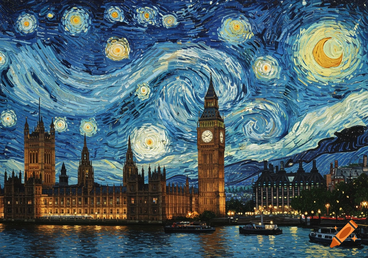 London cityscape with Big Ben and Houses of Parliament at night in the swirling, starry, impressionistic style of Van Gogh.