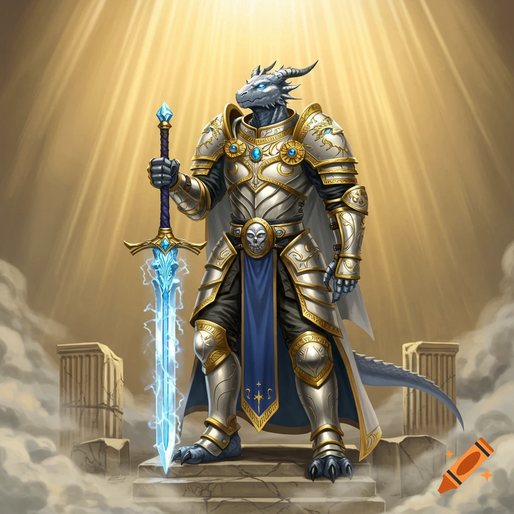 A majestic armored Dragonborn paladin stands with a glowing blue sword, bathed in golden light.
