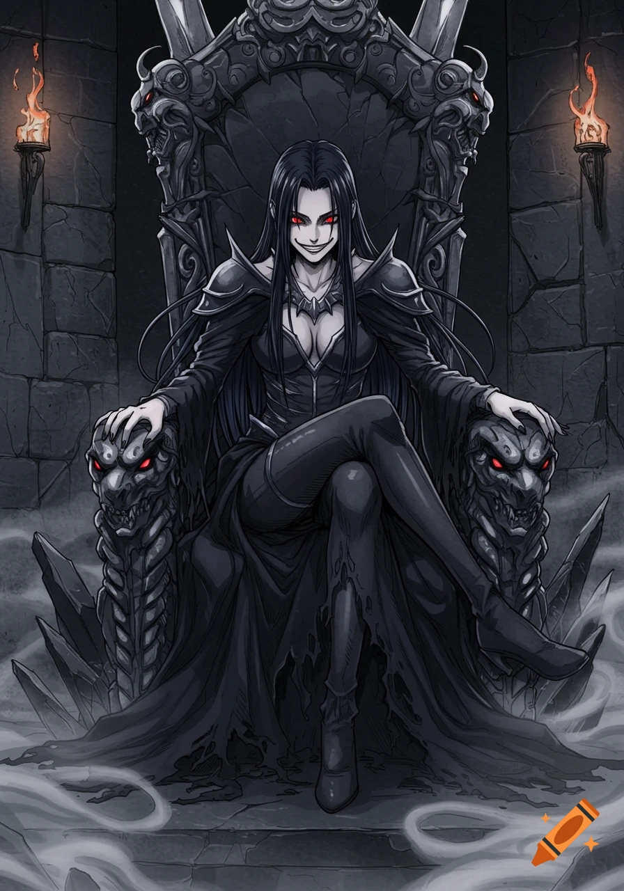 A gothic sketch of an evil anime sorceress with red eyes and a wide smile, sitting on a dark, skull-adorned throne in a gloomy castle chamber.