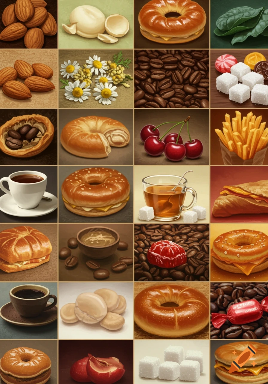 A grid of 25 square tiles, each depicting a different food item or ingredient like bagels, almonds, coffee beans, and cherries.