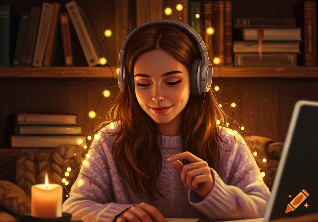 A woman wearing headphones smiles while sitting in a cozy room with books and string lights.