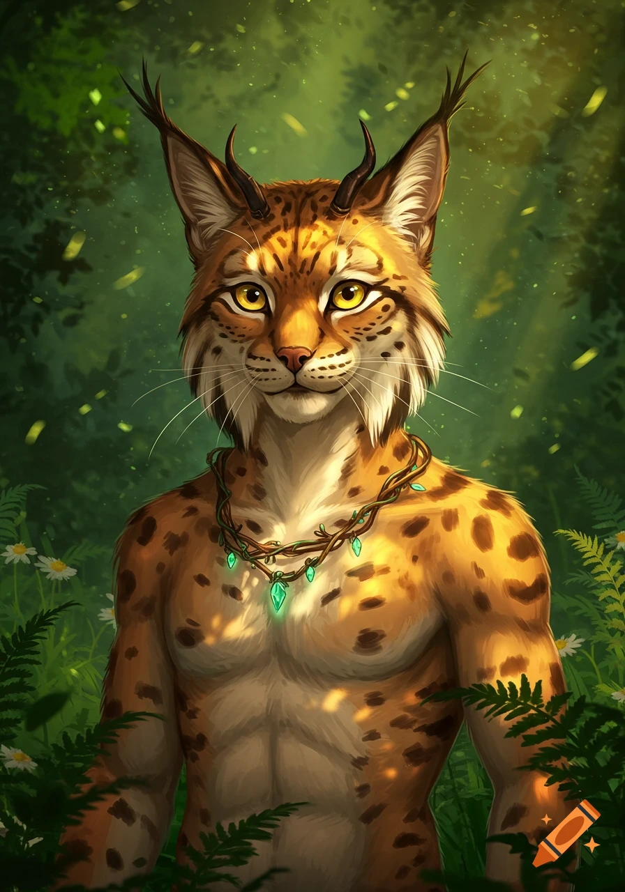 An anthropomorphic lynx character with yellow eyes and spotted fur, wearing a vine necklace, stands in a lush green forest.