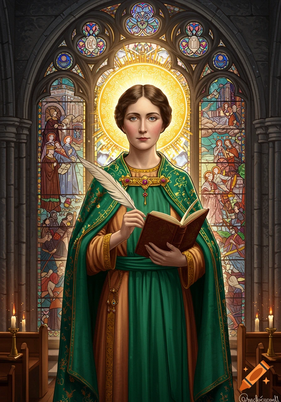 A medieval-style portrait of a woman with a halo, dressed in green and gold robes, holding a quill and a book in a church with stained glass windows.