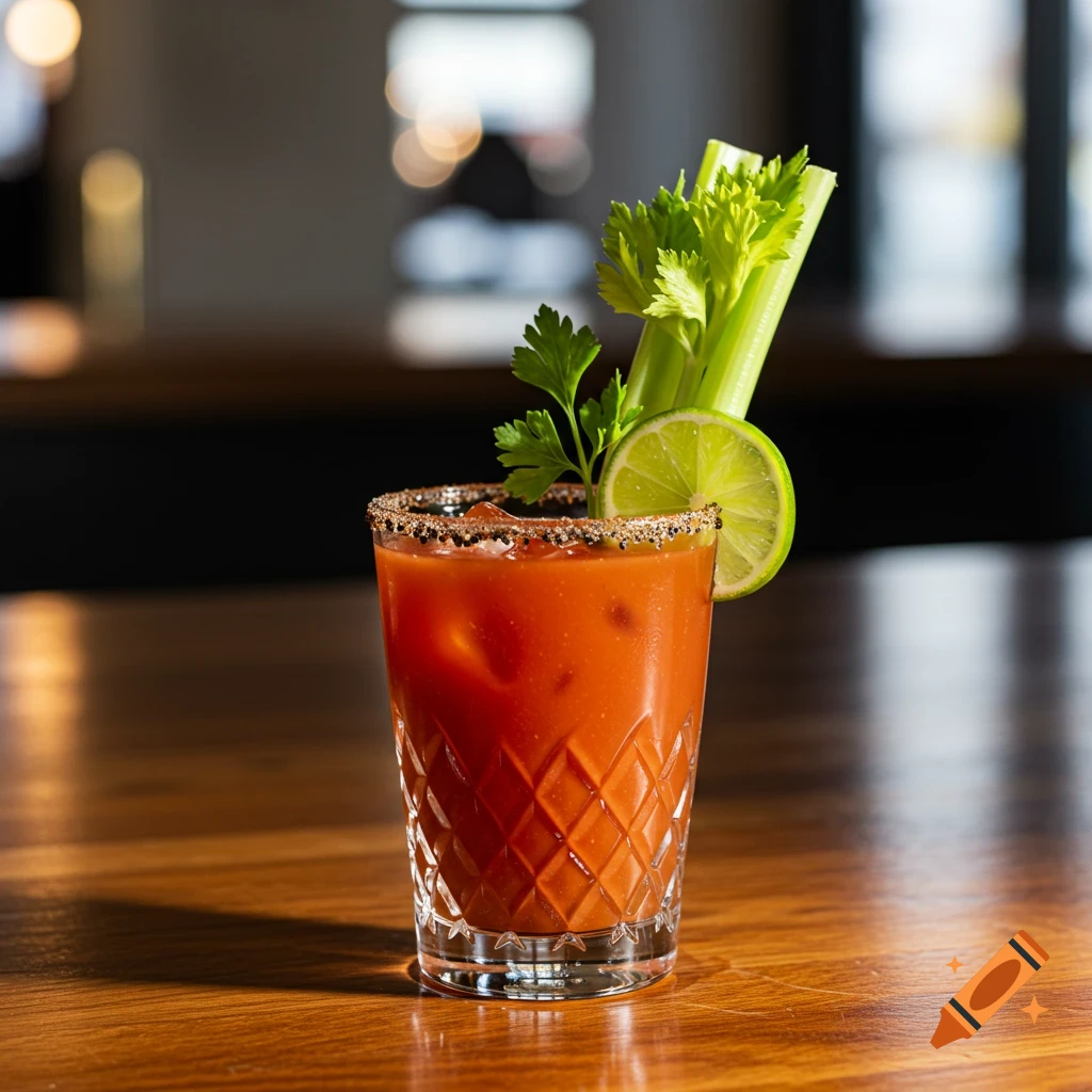 A close-up, photorealistic shot of a Bloody Mary cocktail with a salted rim, garnished with celery, parsley, and a lime wedge, sitting on a wooden table.