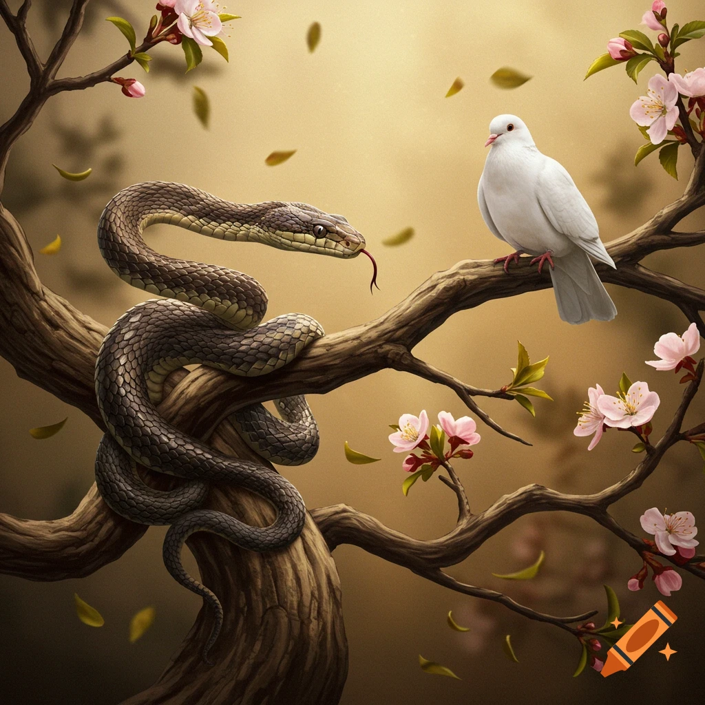 A brown snake coils around a tree branch, looking at a white dove perched on another branch with pink cherry blossoms against a golden background.