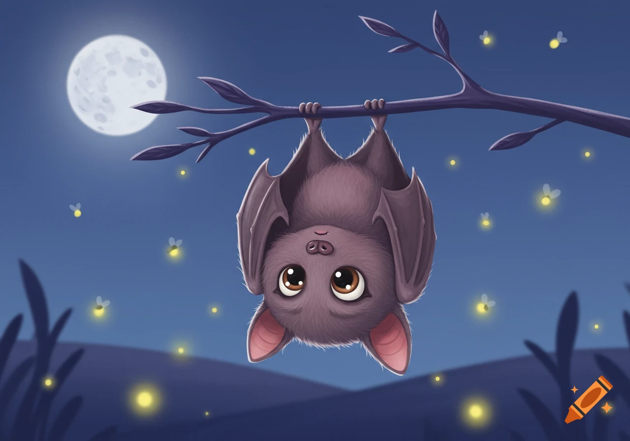 A cute cartoon bat with big eyes hangs upside down from a tree branch at night, under a full moon with fireflies.