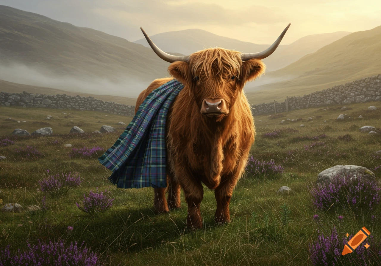A shaggy Highland cow wearing a blue and green tartan kilt stands in a field of heather with misty mountains in the background.