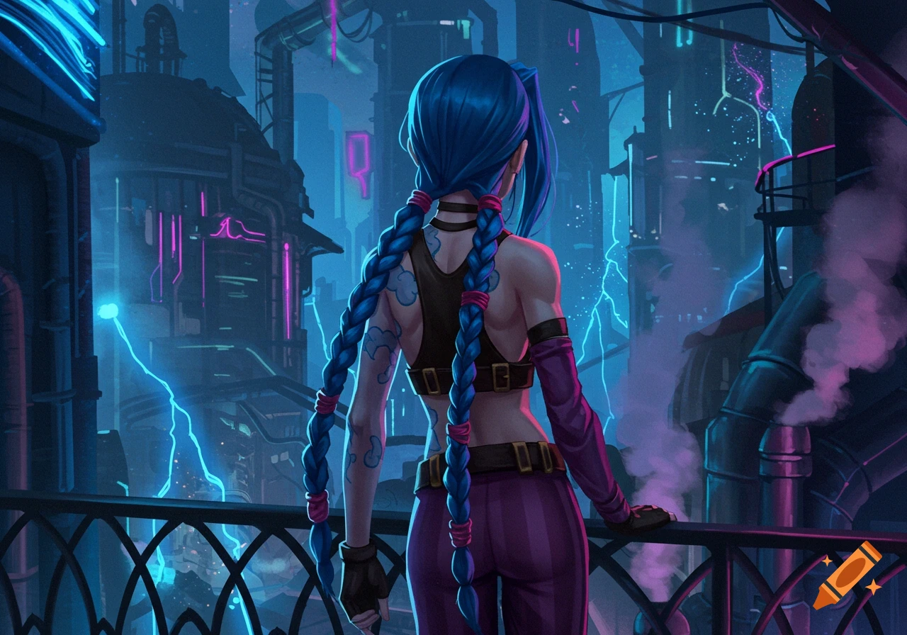 Jinx from Arcane viewed from behind, standing on a railing overlooking a neon-lit, futuristic city with lightning.