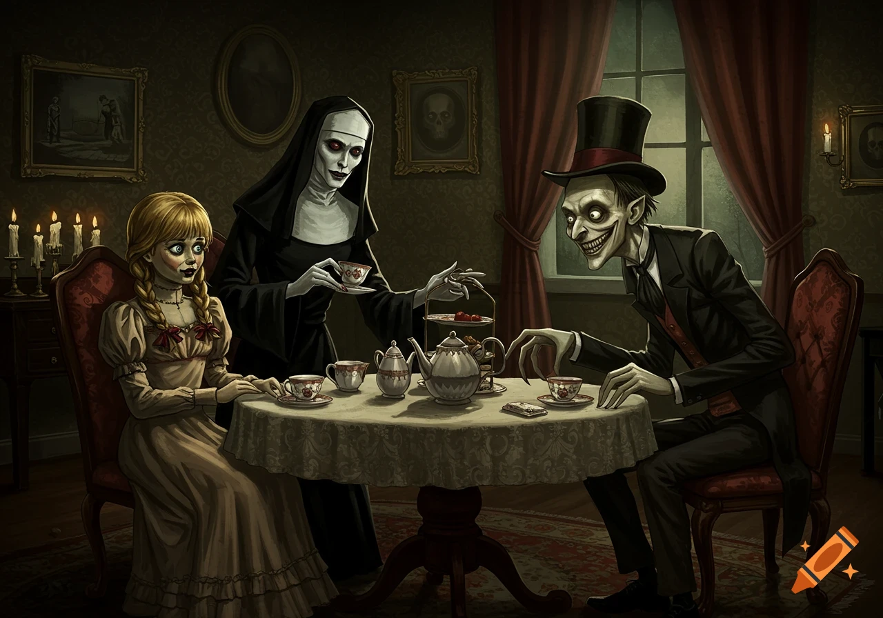 Annabelle the doll, Valak the Nun, and the Crooked Man are having tea around a table in a dimly lit, ornate room.