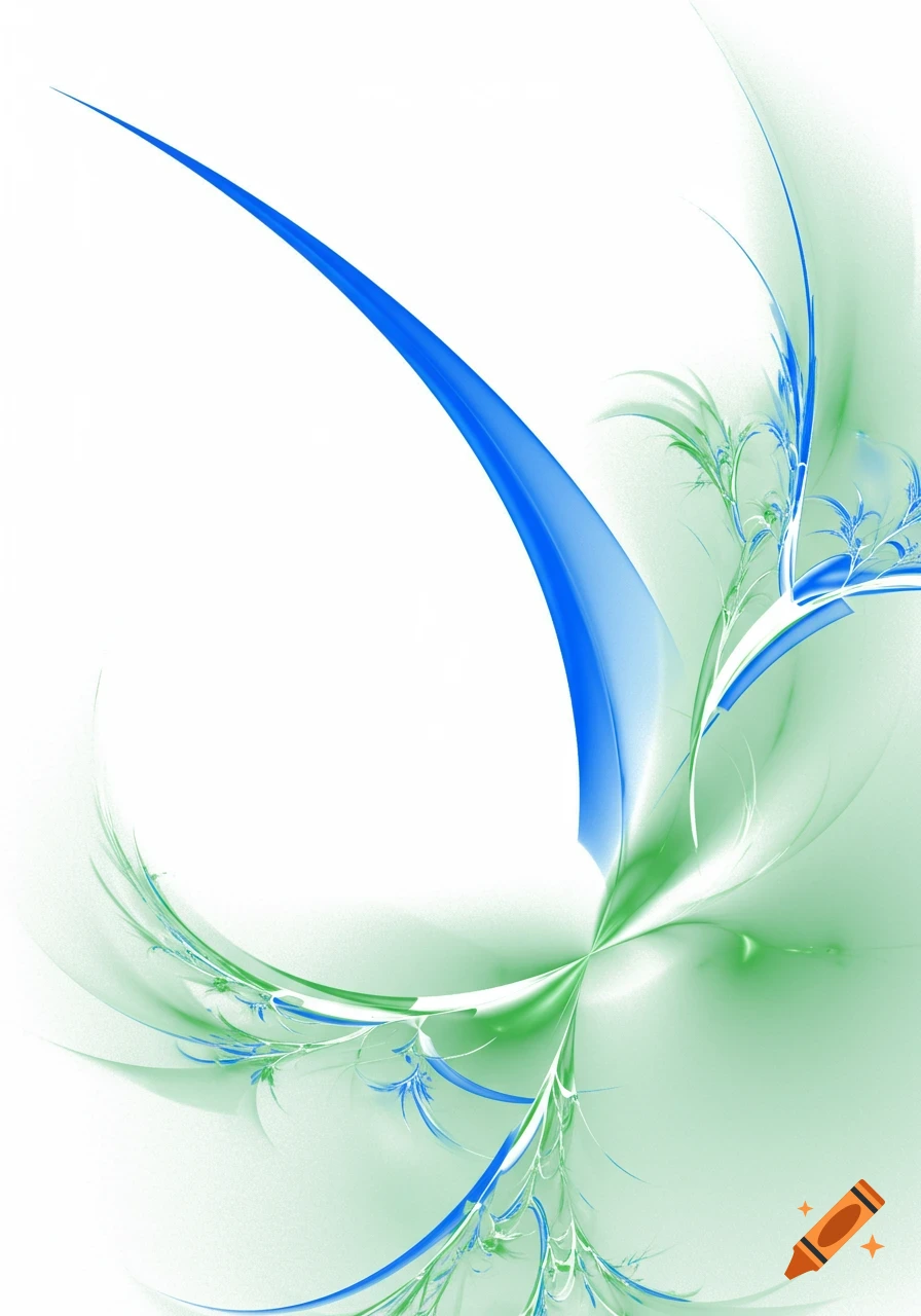 An abstract image featuring a vibrant blue curve in the upper left, with green and blue fractal patterns branching from the bottom center on a white background that fades to pastel green.