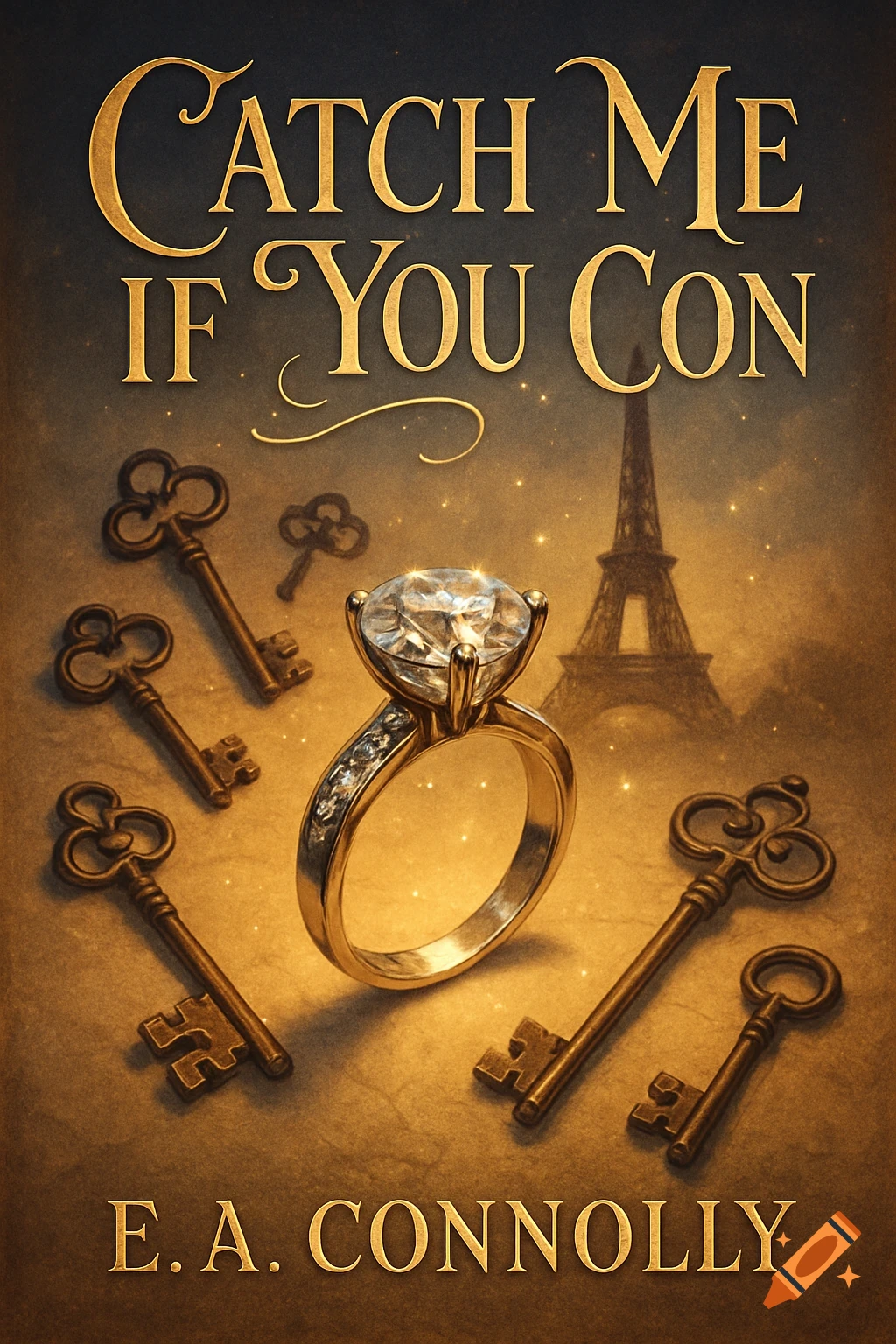 Golden book cover for 'Catch Me If You Con' with a diamond ring, vintage keys, and faint Eiffel Tower.