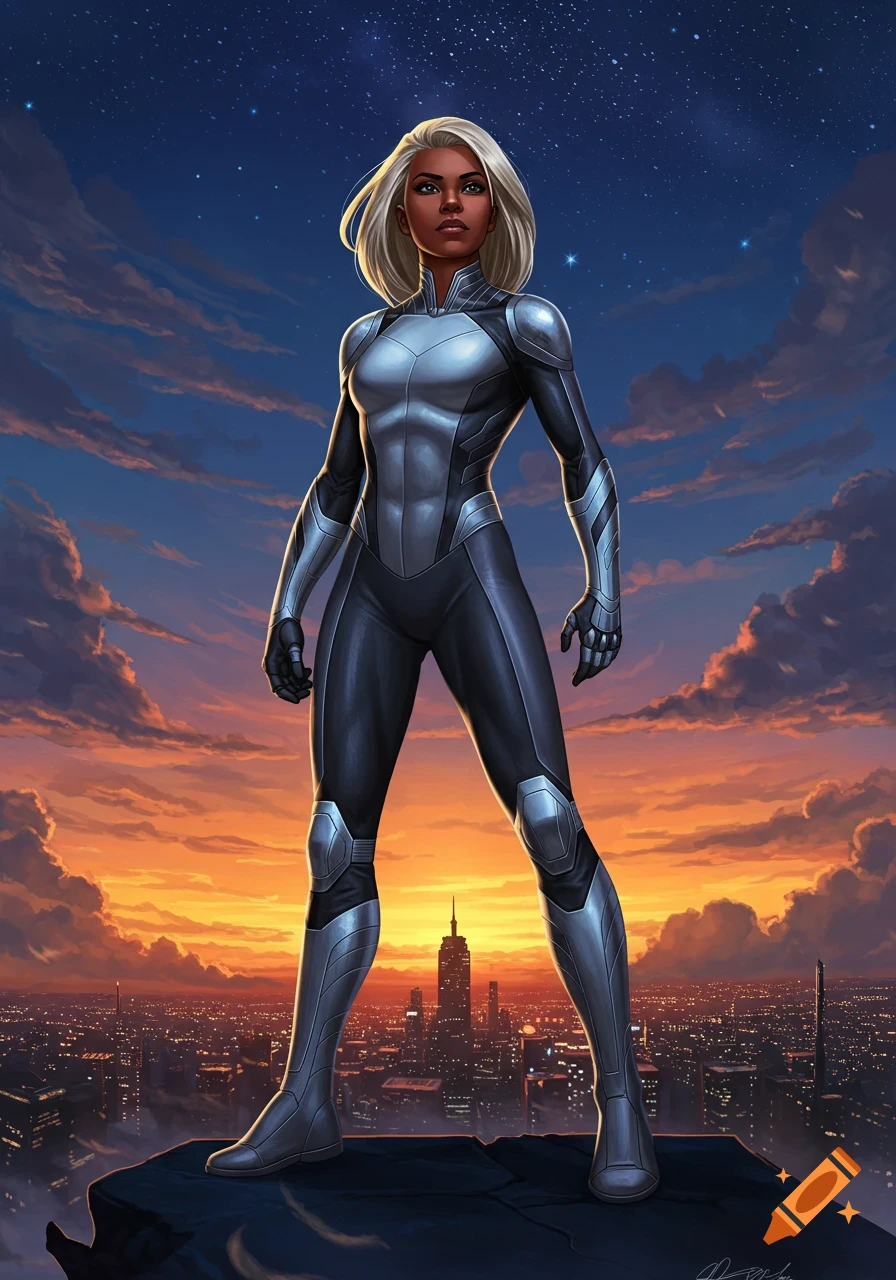 A superheroine in a silver and black suit stands on a rooftop overlooking a city at sunset under a starry sky, in a comic art style.