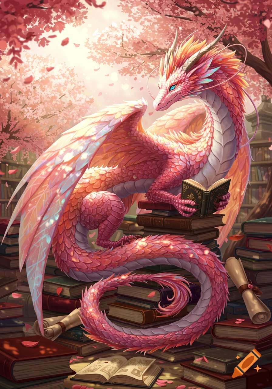 A majestic pink and white fantasy dragon with blue eyes sits among stacks of books, reading one, surrounded by falling cherry blossoms. Illustrative style.