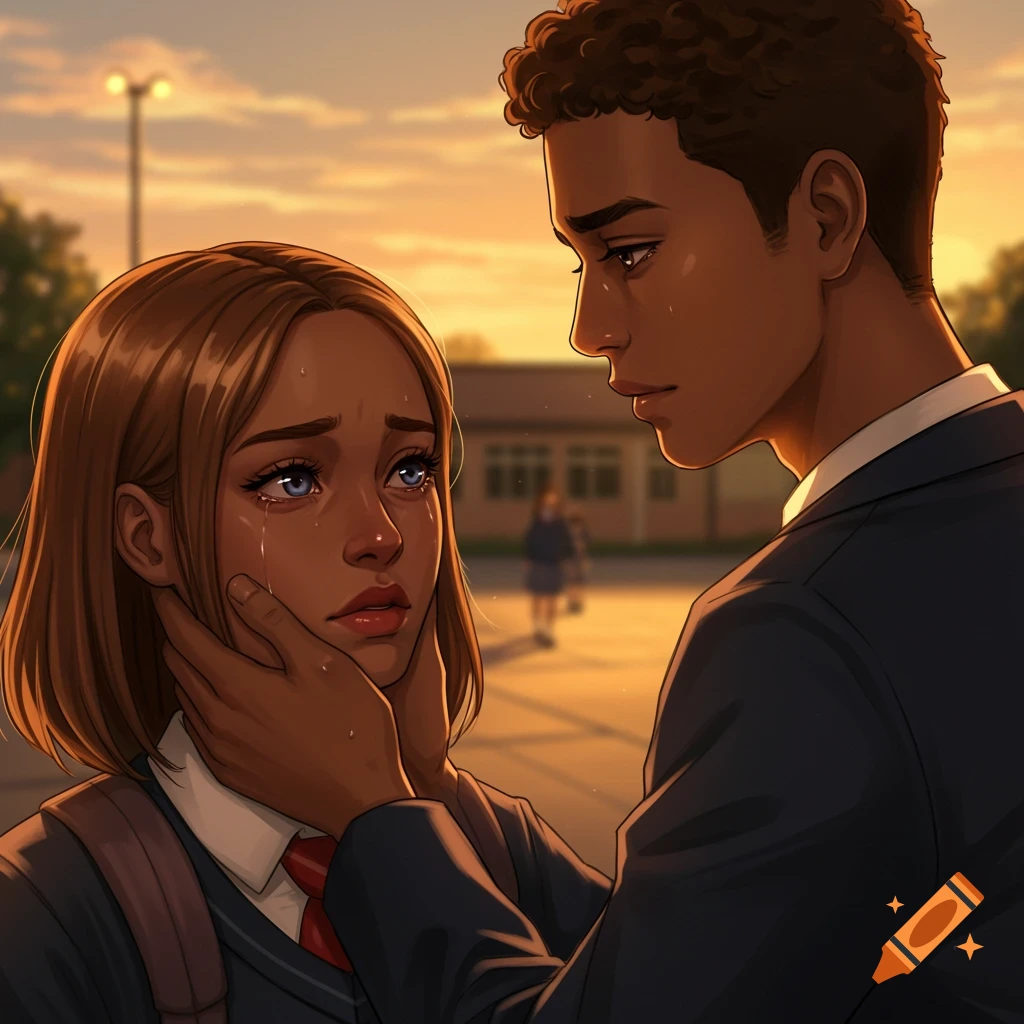 Anime illustration of a brown-skinned teenage girl crying, comforted by a boy holding her face, at sunset.