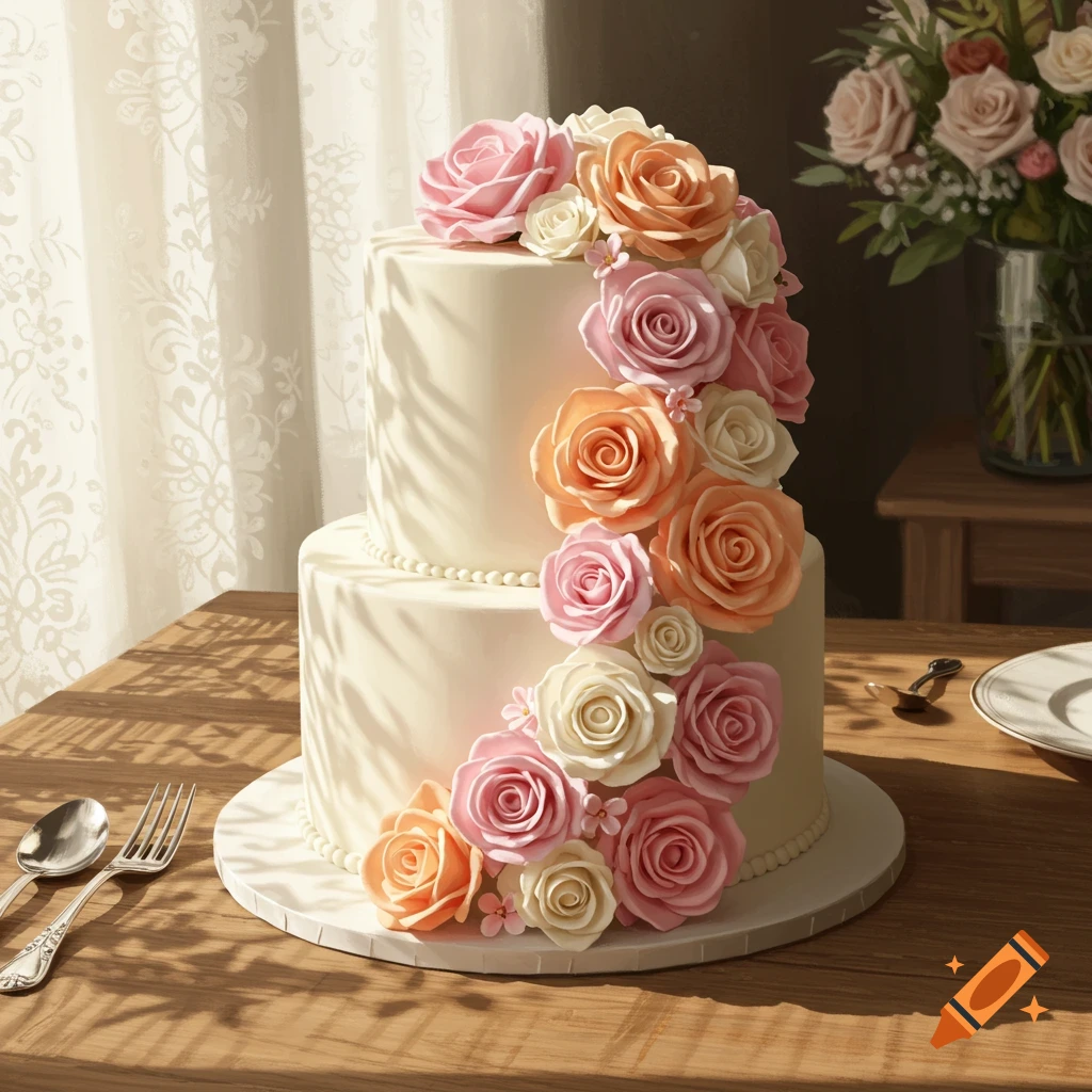 A two-tiered white cake adorned with cascading peach, pink, and white roses, on a wooden table.