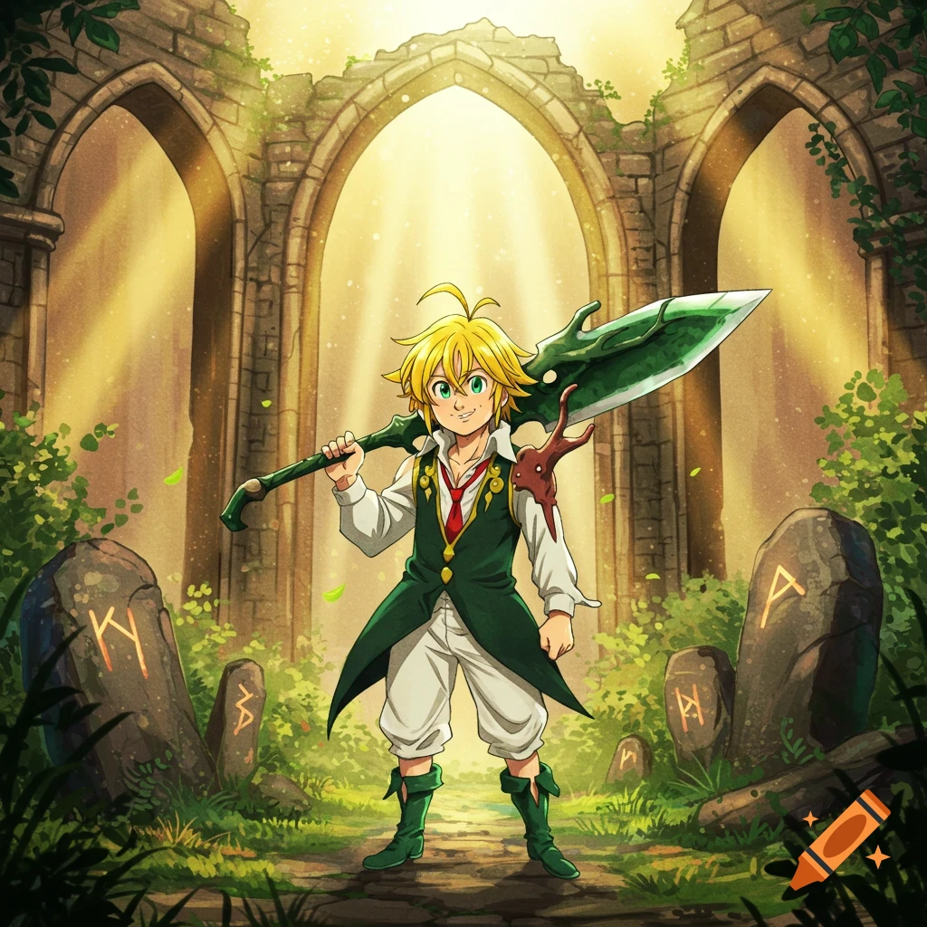 An anime character, Meliodas, stands in an overgrown ruin with a large green sword over his shoulder, surrounded by glowing runic stones.