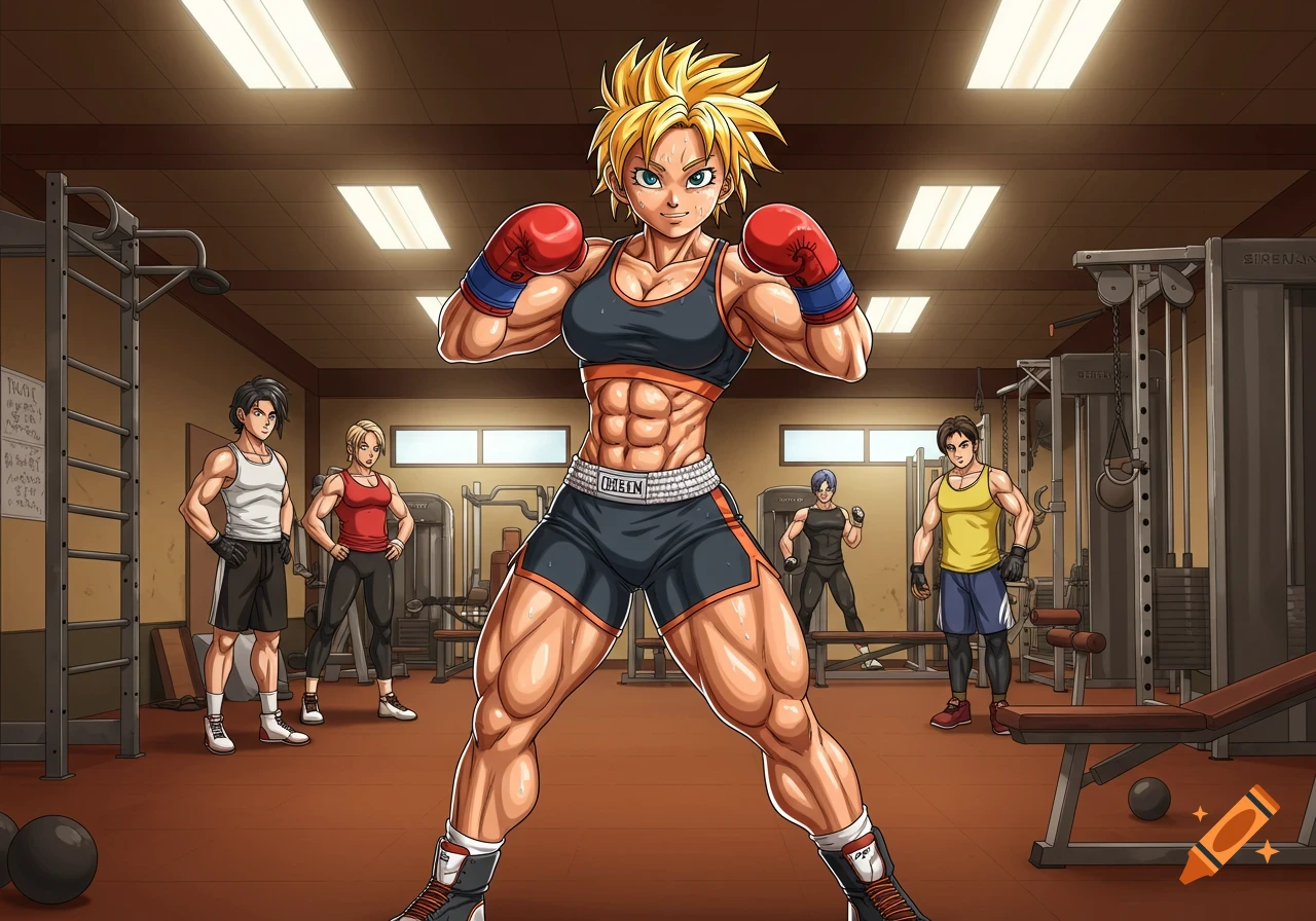 A muscular blonde female boxer in a sports bra and shorts poses in a gym, with other people working out in the background, in an anime style.