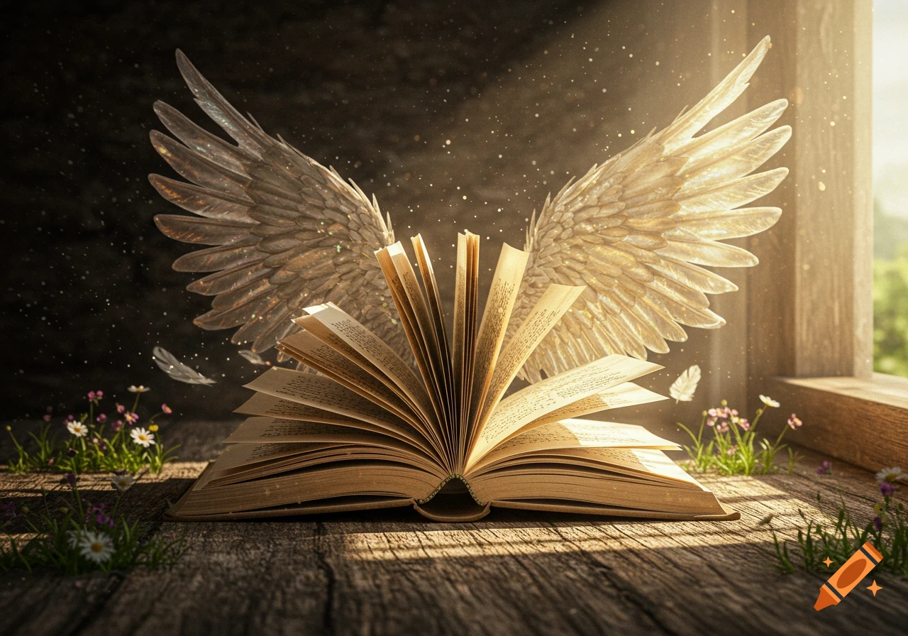 An open book with golden, feathered wings emerging from its spine, sitting on a wooden surface bathed in magical light with sparkling particles and falling feathers.