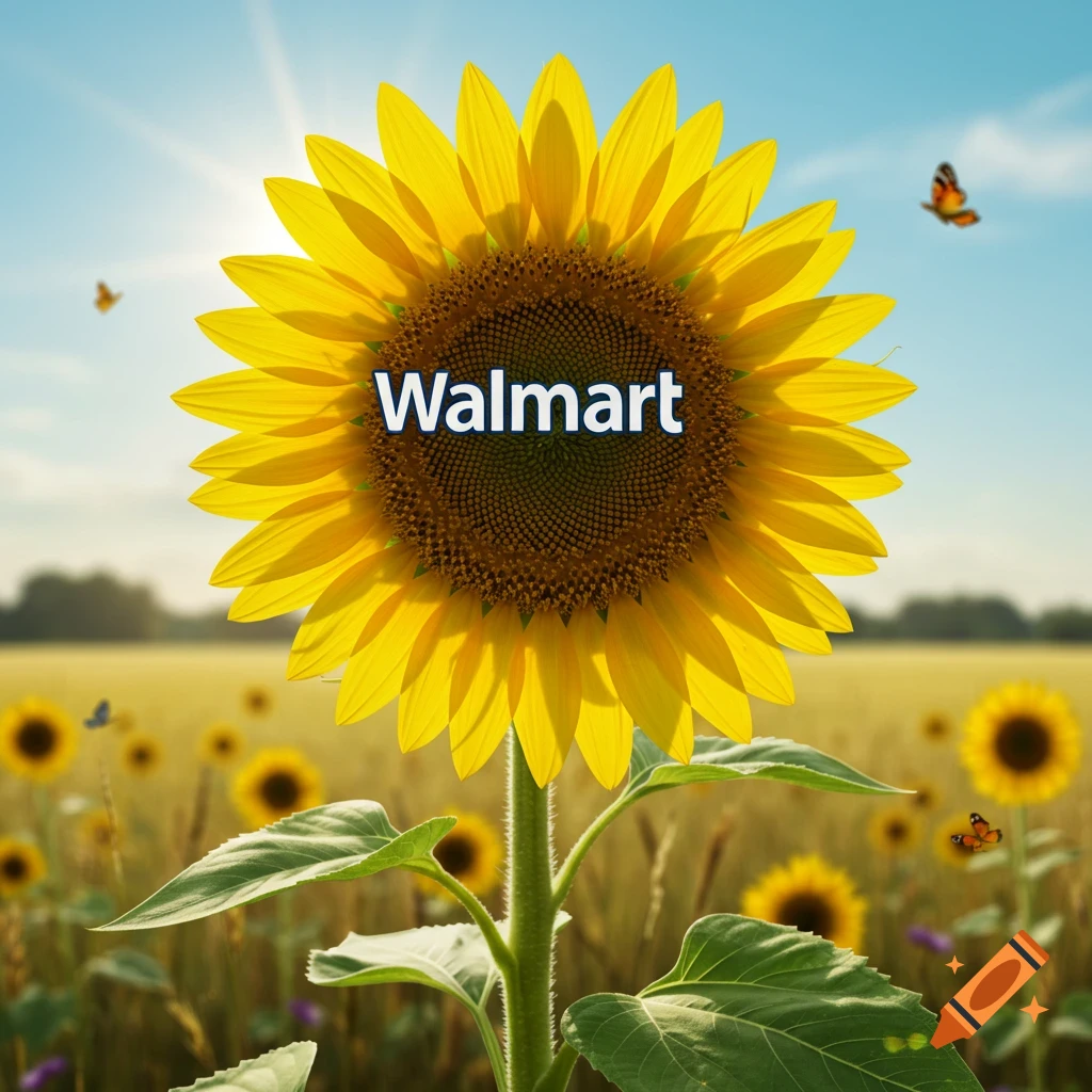 A large sunflower with 'Walmart' text at its center, in a sunny field with butterflies. Photorealistic.