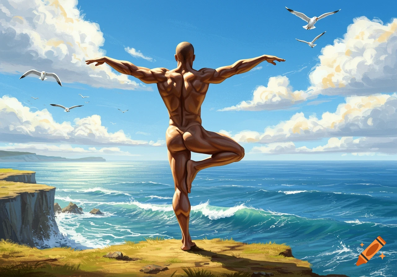 Muscular man balancing on one leg on a cliff overlooking the ocean with seagulls, in a painted style.